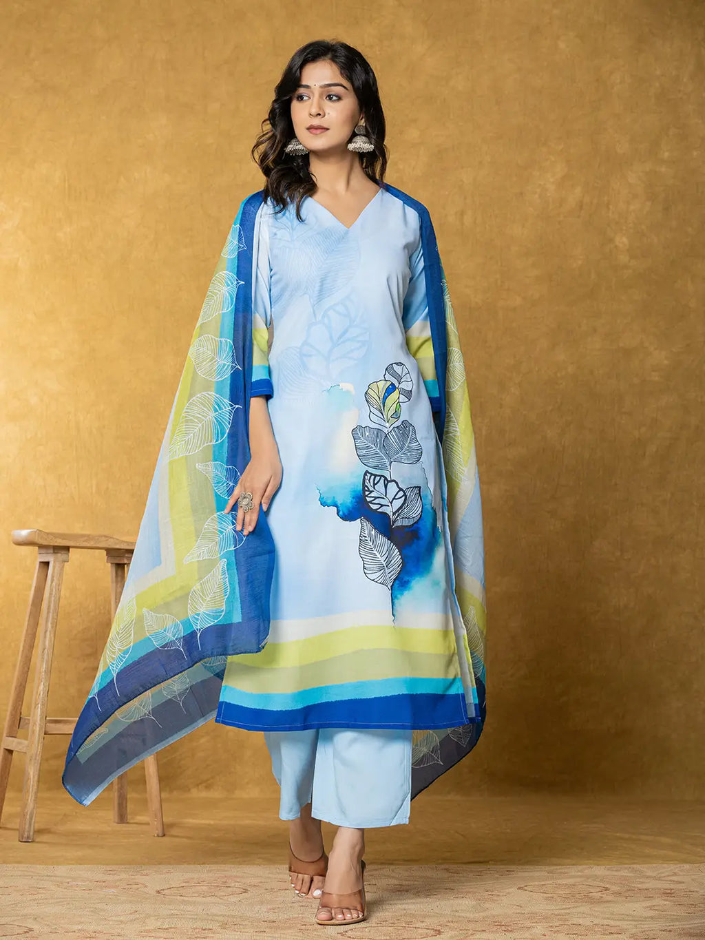 Yufta Sky Blue Linen Floral Kurta Dupatta Pant Set | Grocsy