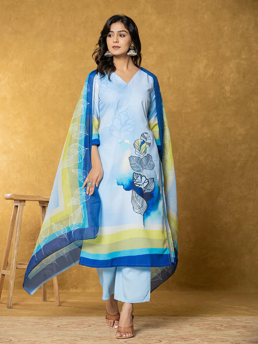 Yufta Sky Blue Linen Floral Kurta Dupatta Pant Set | Grocsy