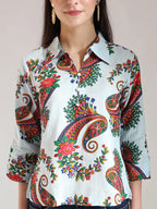 Yufta Sky Blue Pure Cotton Paisley Peplum Top | Grocsy