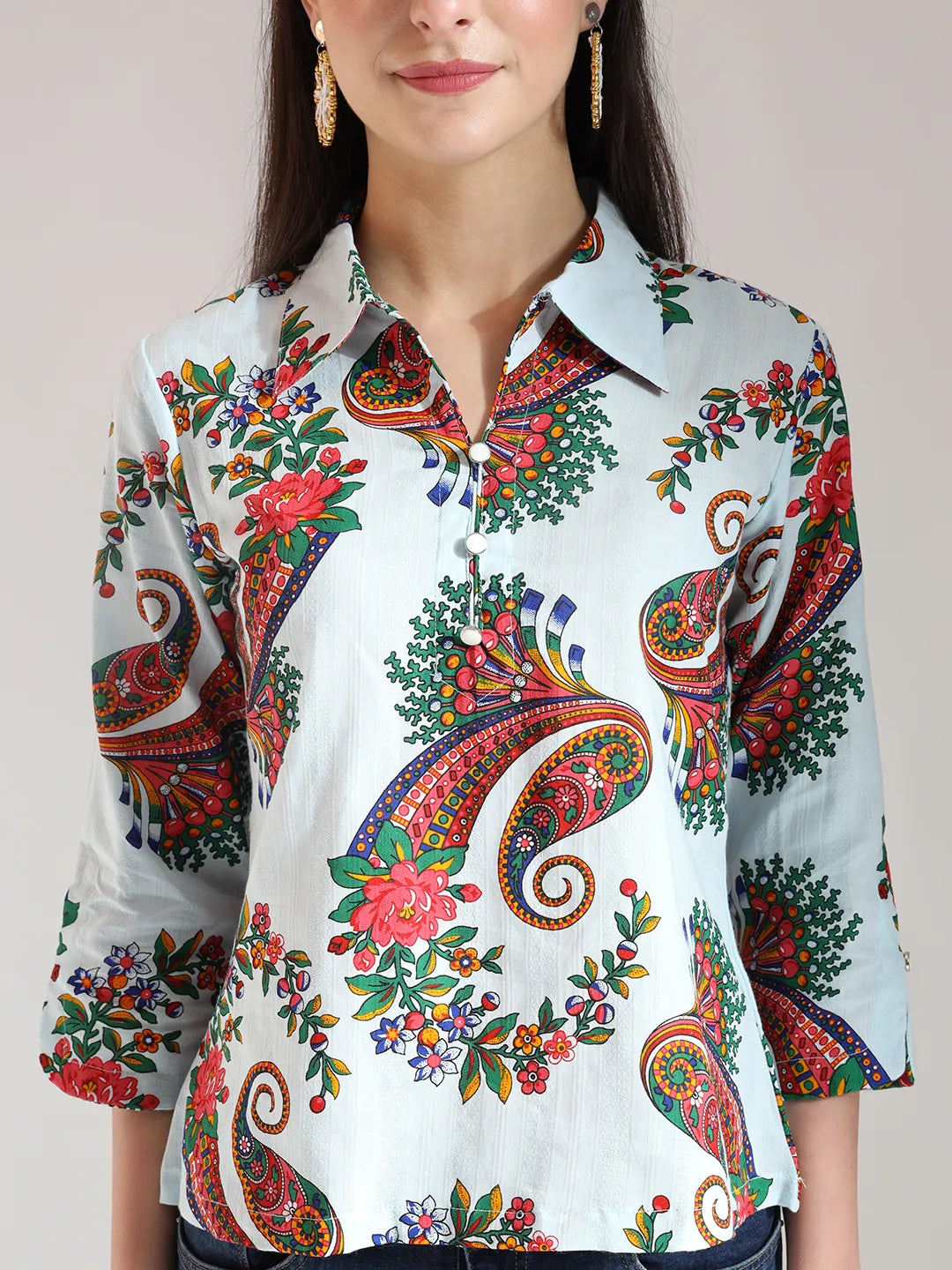 Yufta Sky Blue Pure Cotton Paisley Peplum Top | Grocsy