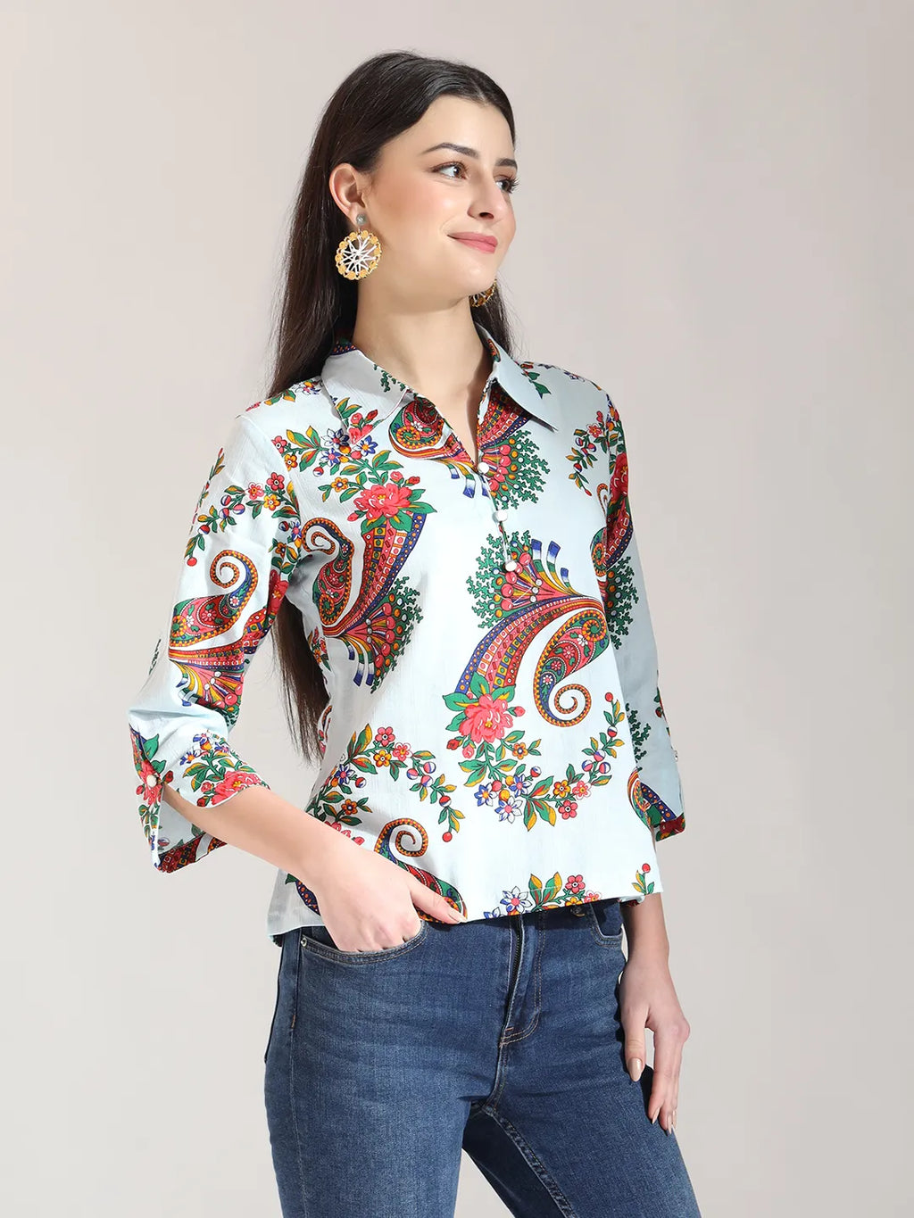 Yufta Sky Blue Pure Cotton Paisley Peplum Top | Grocsy