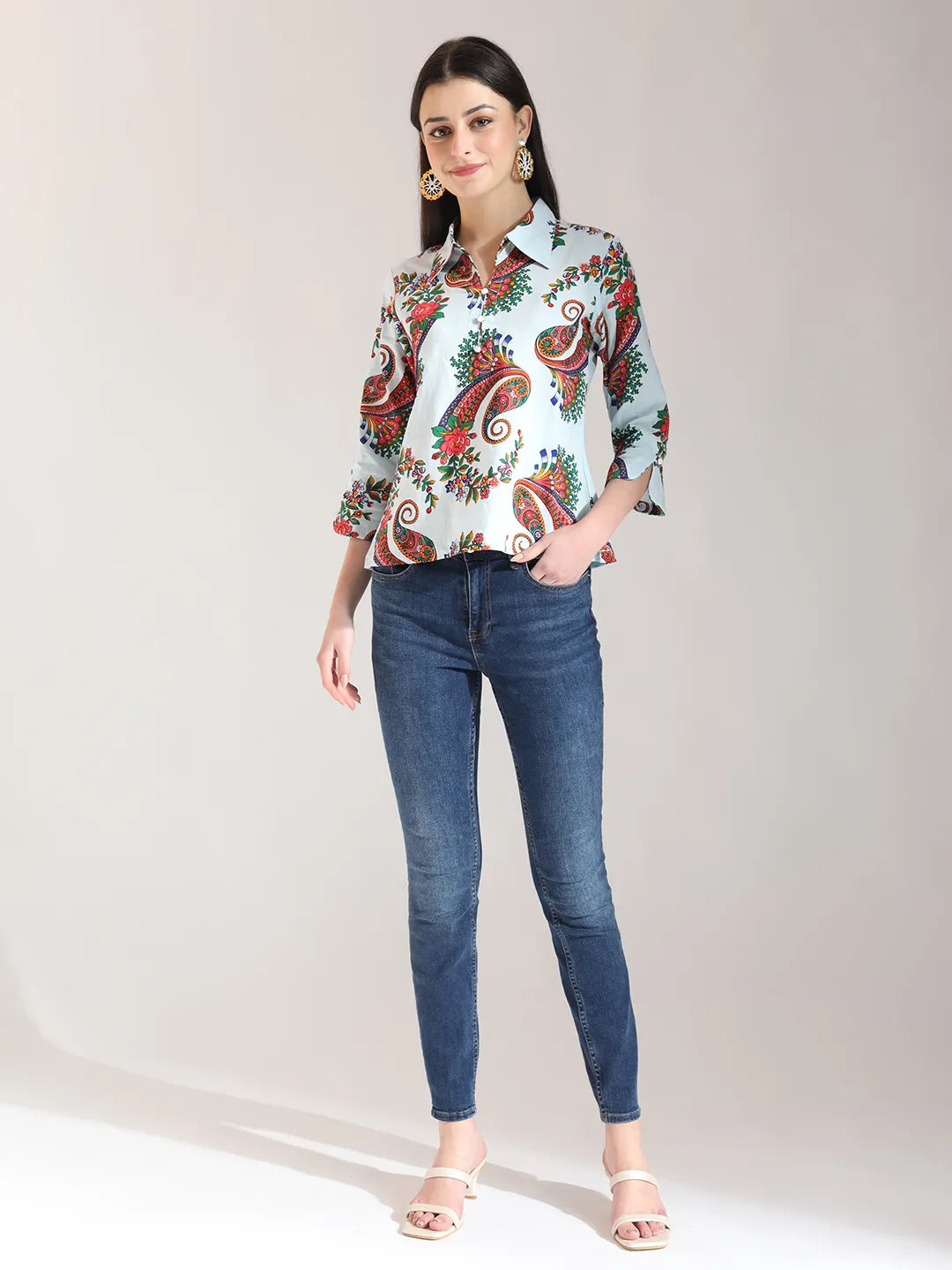 Yufta Sky Blue Pure Cotton Paisley Peplum Top | Grocsy