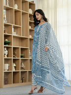 Yufta Sky Blue Pure Cotton Straight Kurta Dupatta Set With Lacework | Grocsy
