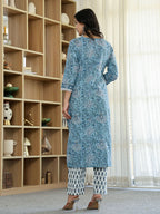 Yufta Sky Blue Pure Cotton Straight Kurta Dupatta Set With Lacework | Grocsy