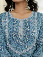 Yufta Sky Blue Pure Cotton Straight Kurta Dupatta Set With Lacework | Grocsy