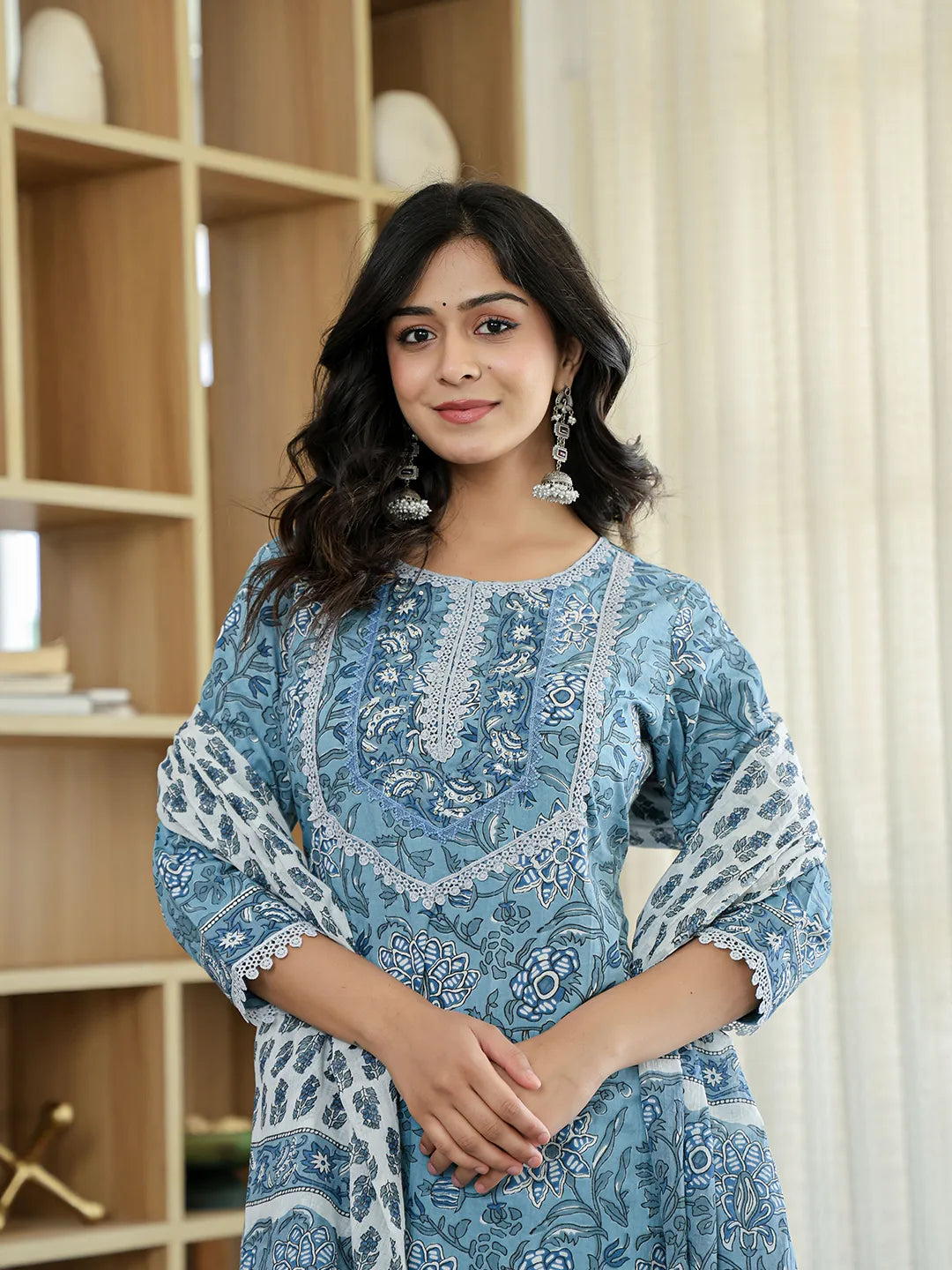 Yufta Sky Blue Pure Cotton Straight Kurta Dupatta Set With Lacework | Grocsy