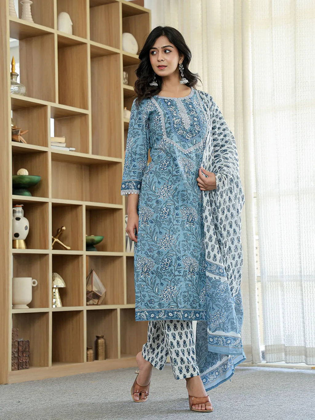 Yufta Sky Blue Pure Cotton Straight Kurta Dupatta Set With Lacework | Grocsy