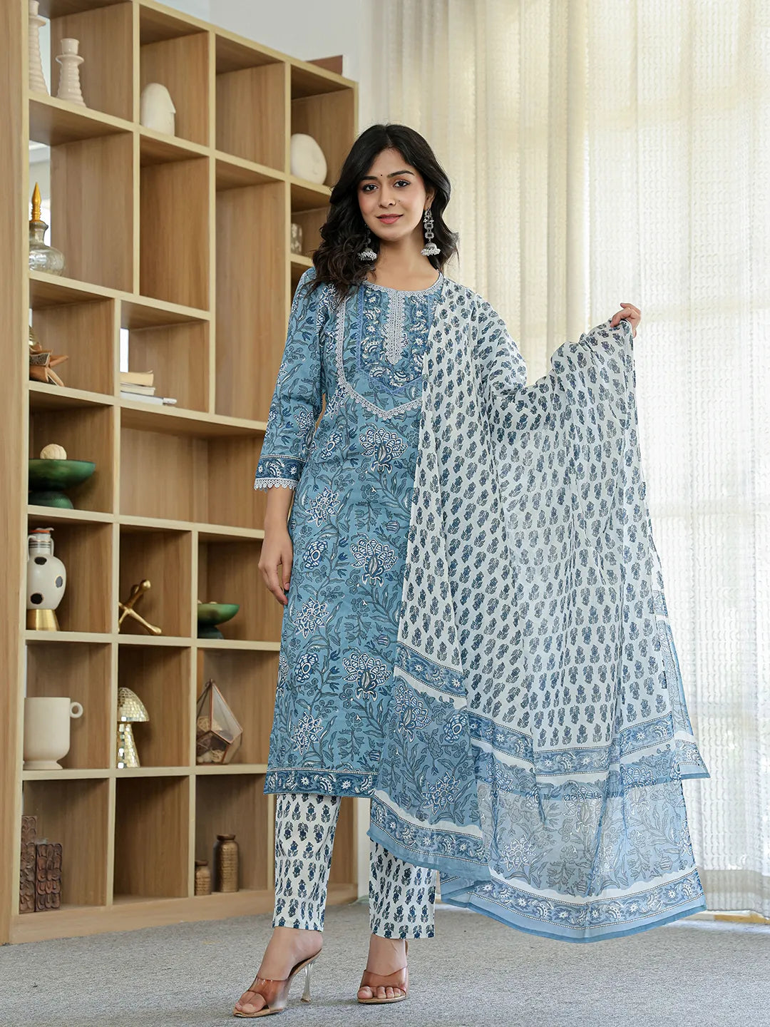 Yufta Sky Blue Pure Cotton Straight Kurta Dupatta Set With Lacework | Grocsy