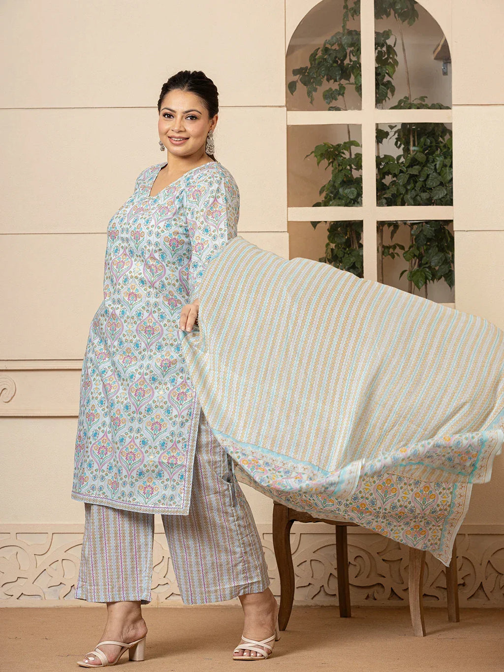 Yufta Sky Blue Pure Cotton Straight Plus Size Kurta With Palazzo Dupatta Set | Grocsy