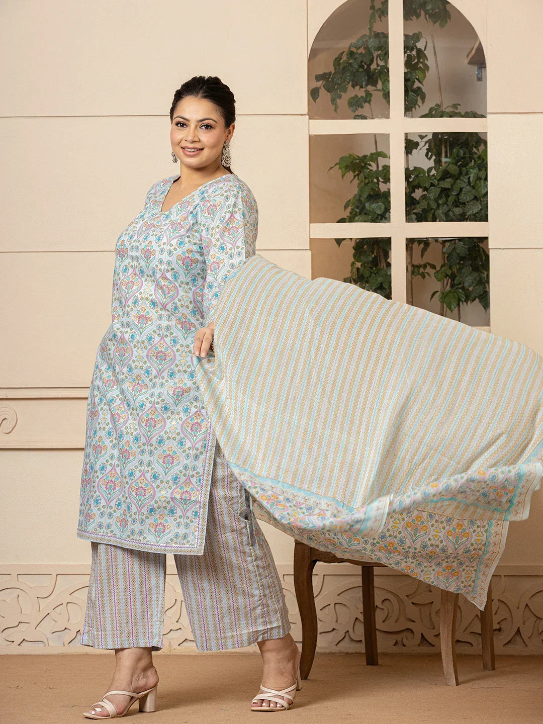 Yufta Sky Blue Pure Cotton Straight Plus Size Kurta With Palazzo Dupatta Set | Grocsy
