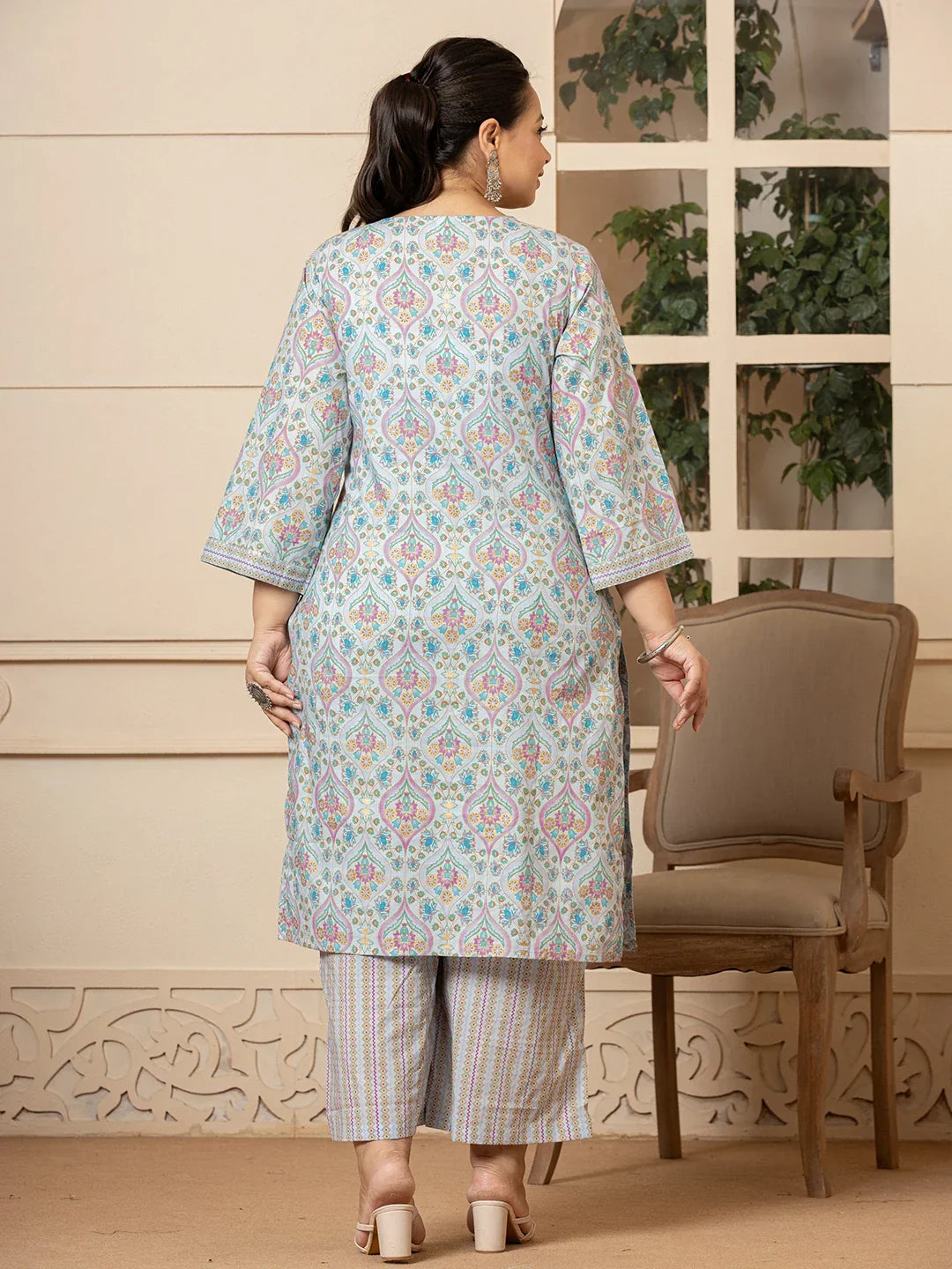 Yufta Sky Blue Pure Cotton Straight Plus Size Kurta With Palazzo Dupatta Set | Grocsy