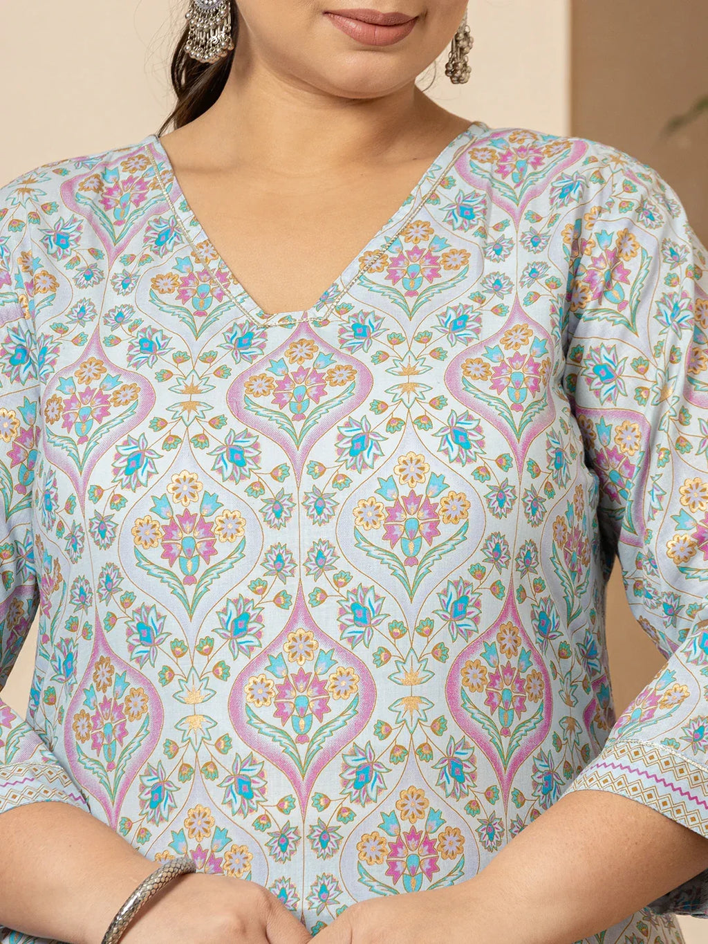 Yufta Sky Blue Pure Cotton Straight Plus Size Kurta With Palazzo Dupatta Set | Grocsy