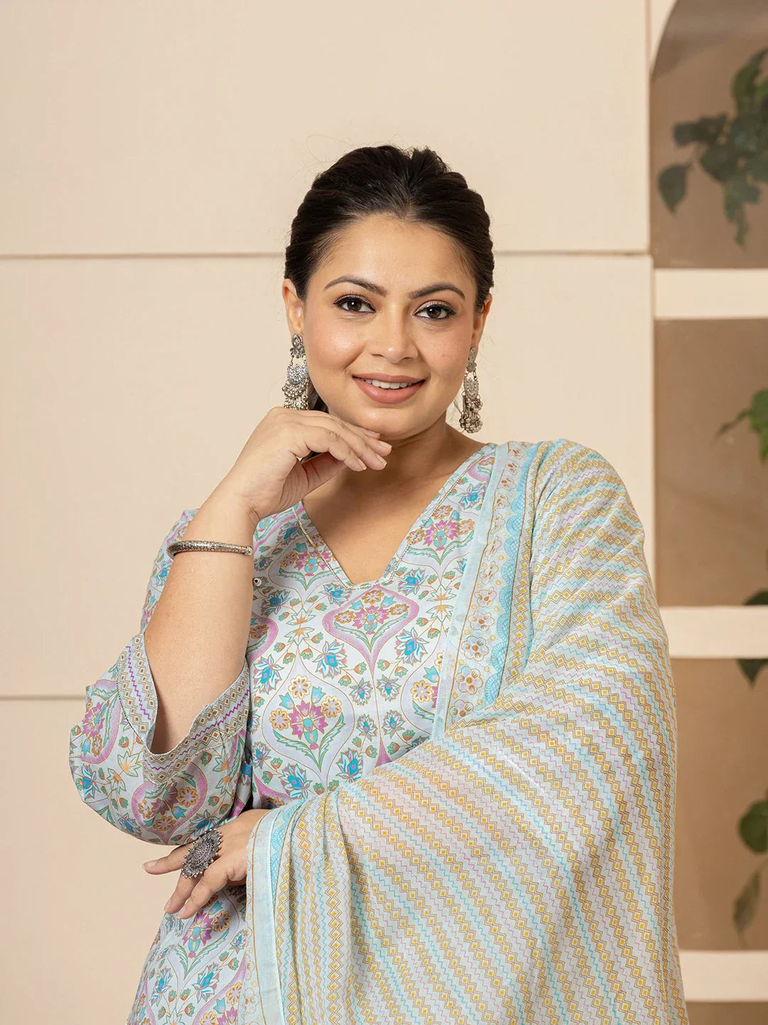 Yufta Sky Blue Pure Cotton Straight Plus Size Kurta With Palazzo Dupatta Set | Grocsy