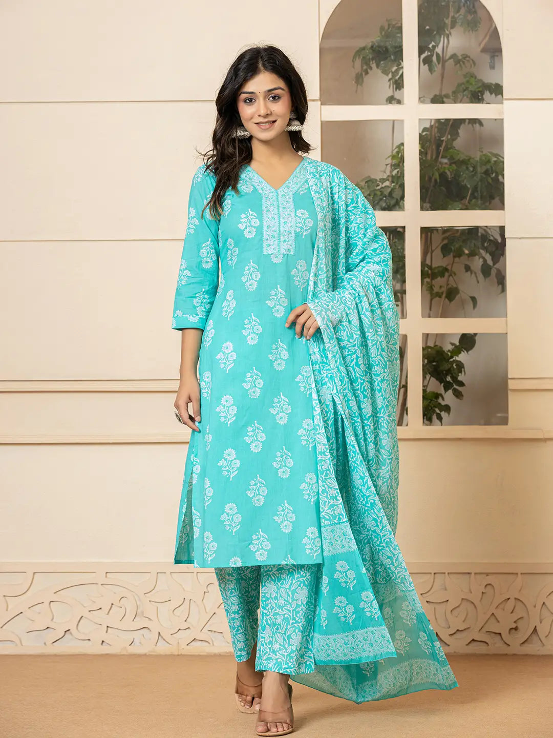 Yufta Sky Blue Sequins_Work Pure Cotton Straight Kurta Dupatta Set | Grocsy