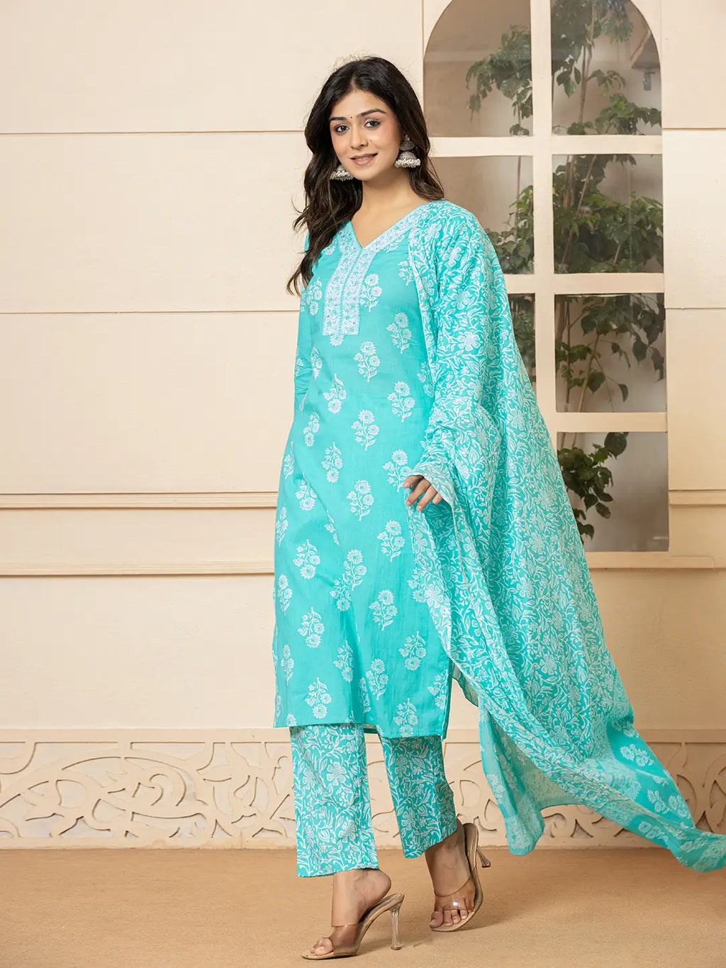 Yufta Sky Blue Sequins_Work Pure Cotton Straight Kurta Dupatta Set | Grocsy