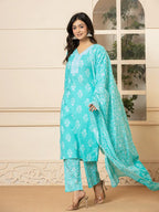 Yufta Sky Blue Sequins_Work Pure Cotton Straight Kurta Dupatta Set | Grocsy