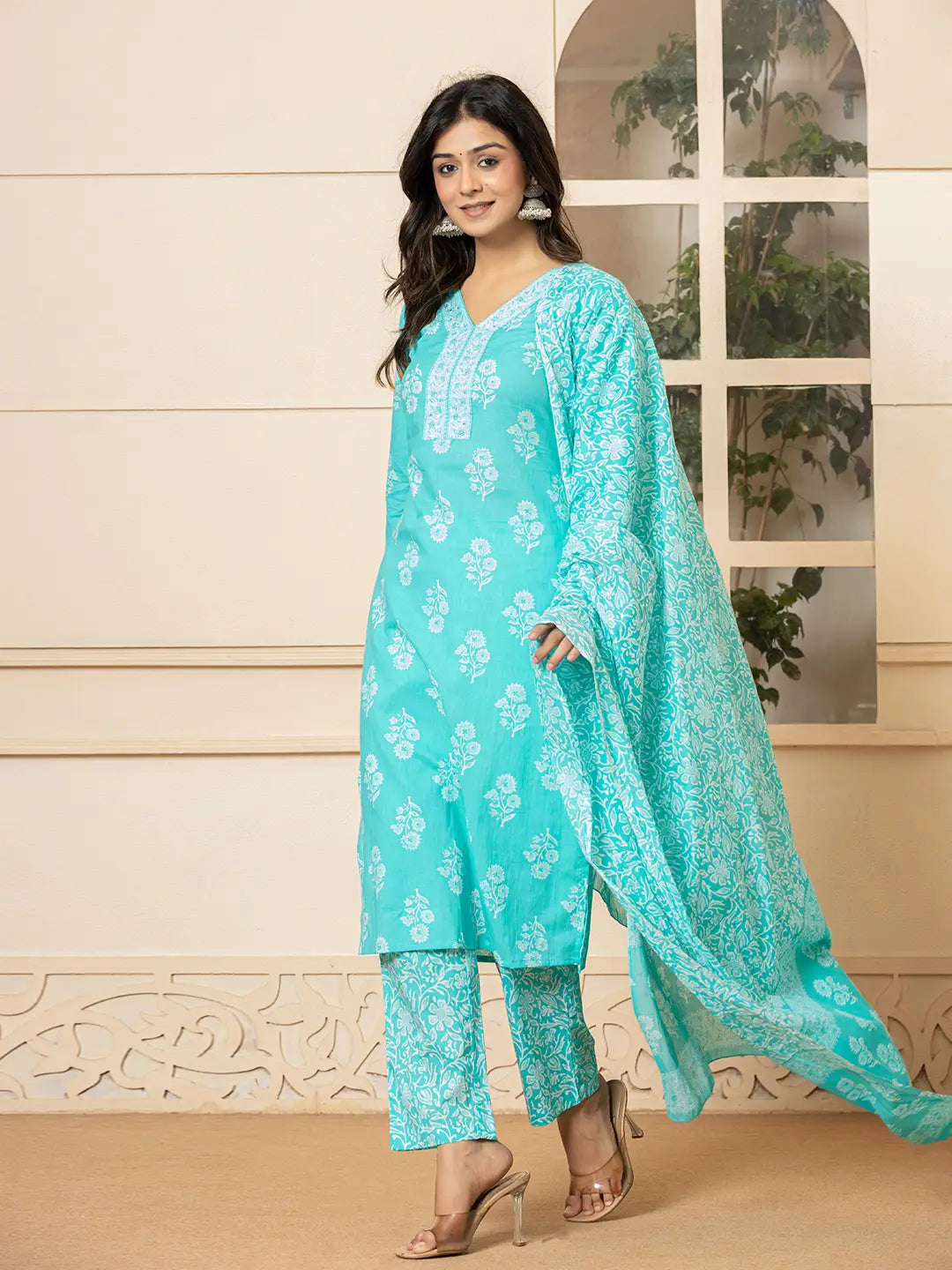 Yufta Sky Blue Sequins_Work Pure Cotton Straight Kurta Dupatta Set | Grocsy