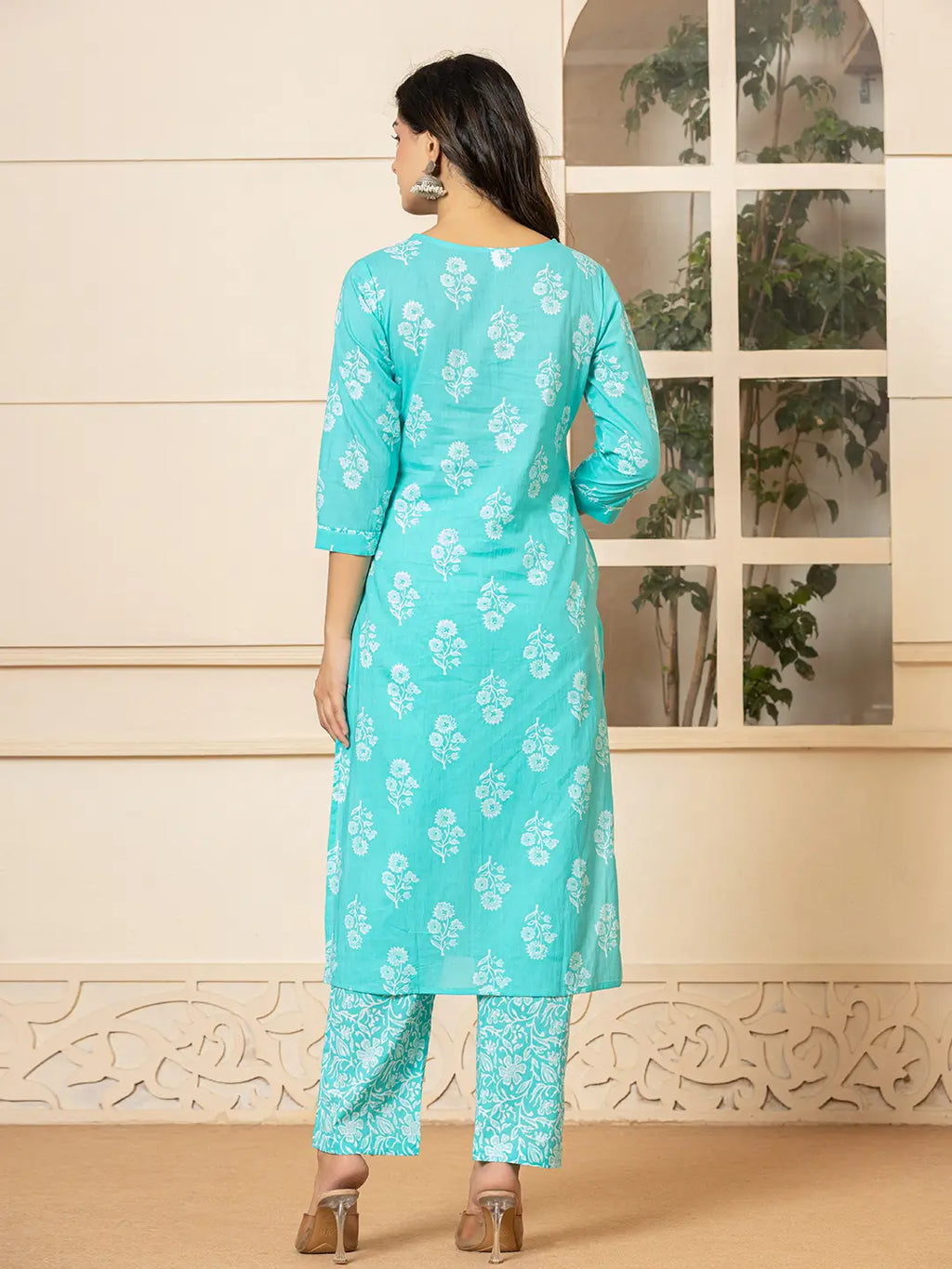 Yufta Sky Blue Sequins_Work Pure Cotton Straight Kurta Dupatta Set | Grocsy