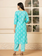 Yufta Sky Blue Sequins_Work Pure Cotton Straight Kurta Dupatta Set | Grocsy