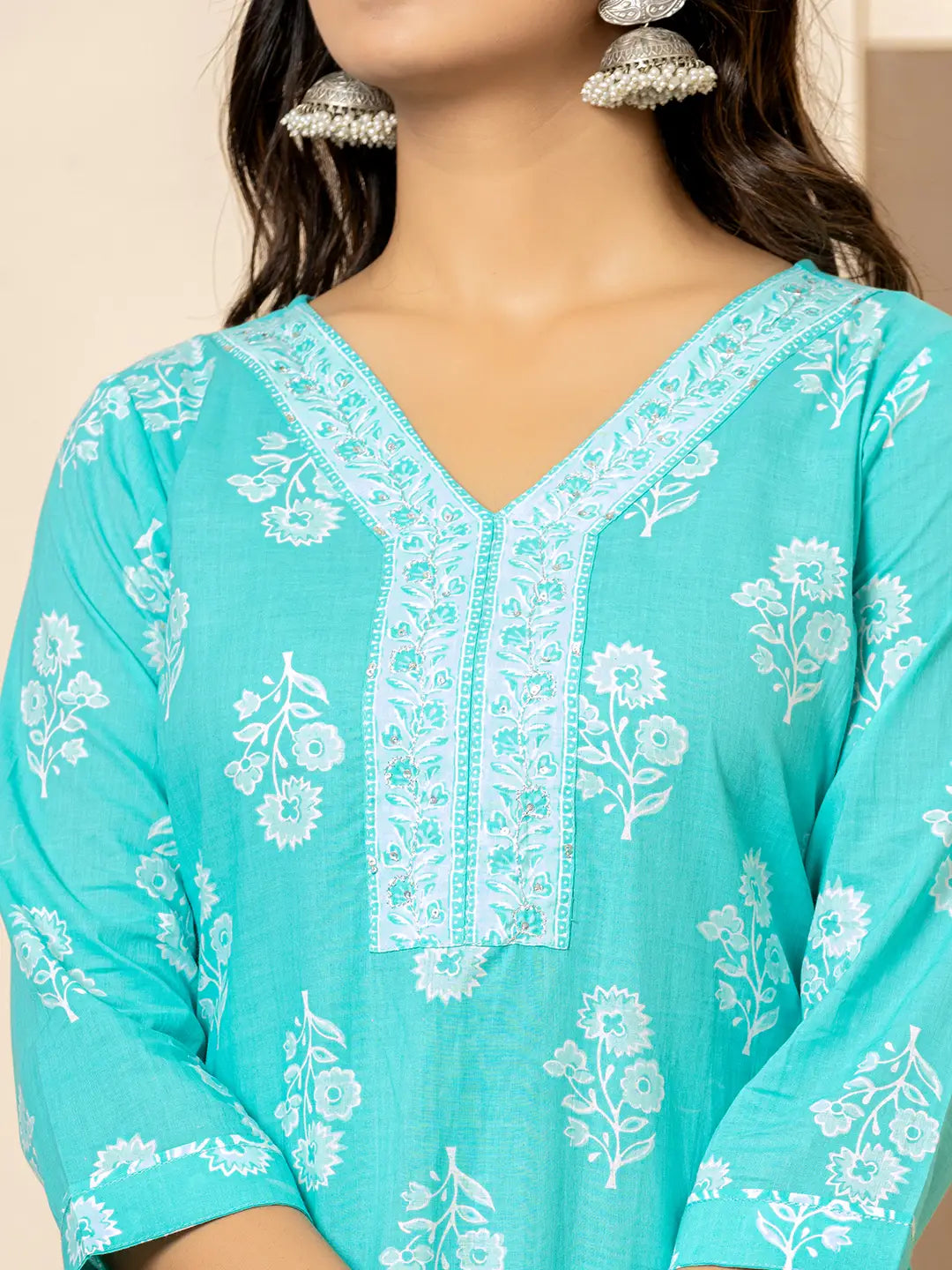 Yufta Sky Blue Sequins_Work Pure Cotton Straight Kurta Dupatta Set | Grocsy