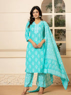 Yufta Sky Blue Sequins_Work Pure Cotton Straight Kurta Dupatta Set | Grocsy