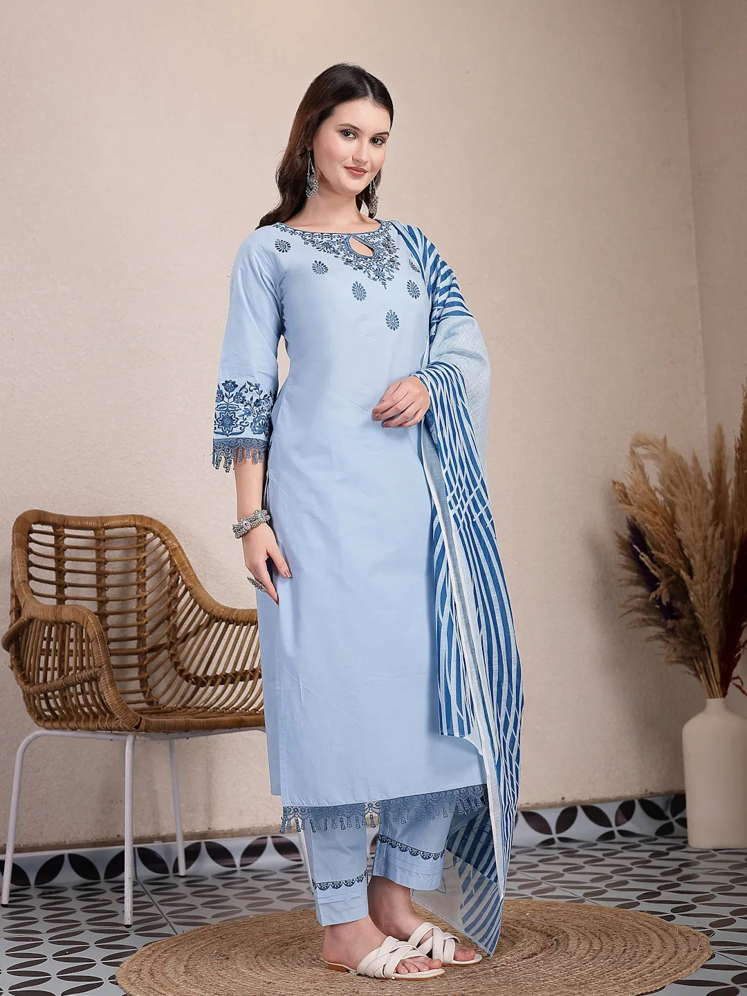 Yufta Sky Blue Solid Thread Work Straight Kurta Trouser Dupatta Set | Grocsy