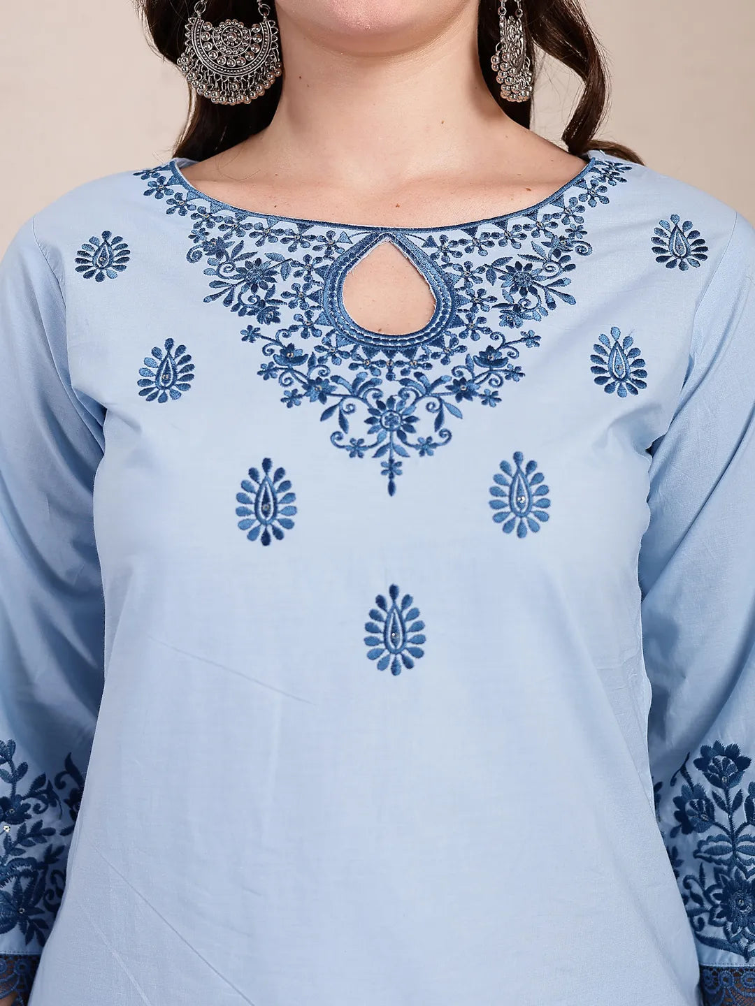 Yufta Sky Blue Solid Thread Work Straight Kurta Trouser Dupatta Set | Grocsy