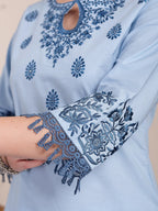 Yufta Sky Blue Solid Thread Work Straight Kurta Trouser Dupatta Set | Grocsy