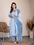 Yufta Sky Blue Solid Thread Work Straight Kurta Trouser Dupatta Set | Grocsy