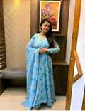 Dishitha Creation Women Floral Printed Designer Gown - Sky Blue | Grocsy