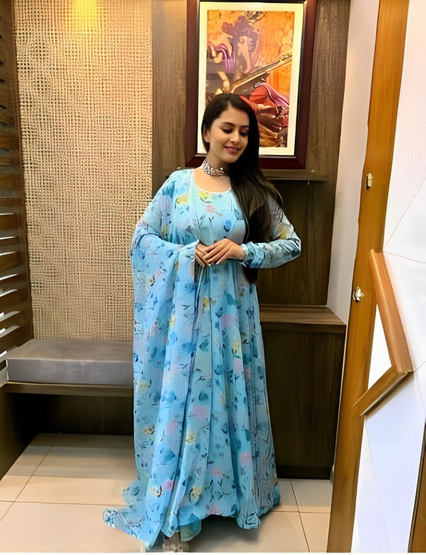 Dishitha Creation Women Floral Printed Designer Gown - Sky Blue | Grocsy