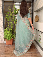 Evanik Leno Net Organza Embroidered Work Saree With Unstitched Blouse | Grocsy