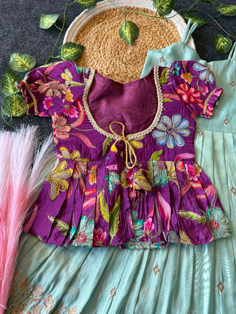 Evanik Designer Blue Tissue Silk Embroidered Work Gown With koti for Kids | Grocsy