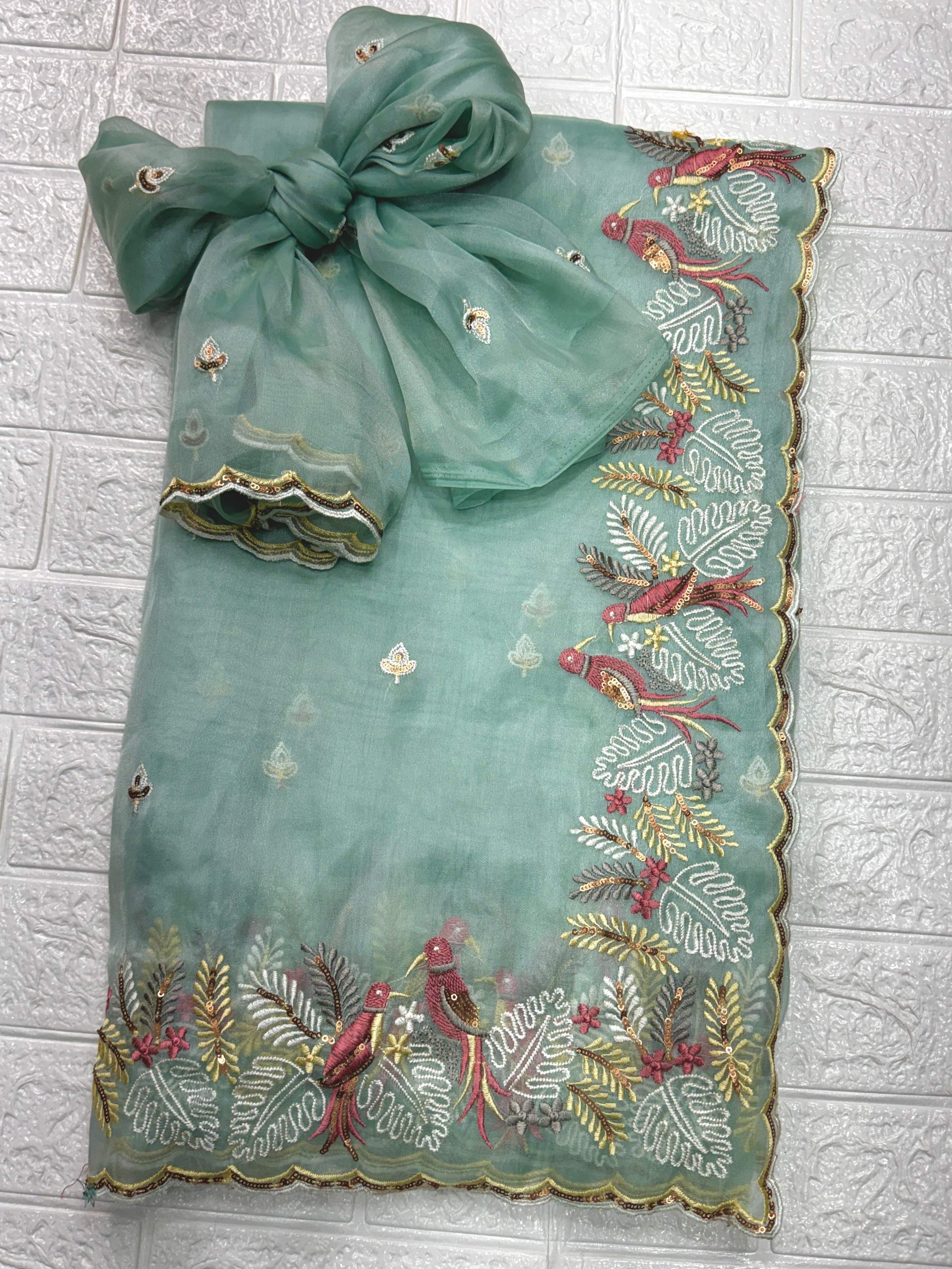 Evanik Leno Net Organza Embroidered Work Saree With Unstitched Blouse | Grocsy