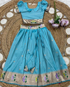 Evanik Blue Soft Silk Paithani Design Zari Weaving Pavadai Lehenga Choli For Kids | Grocsy