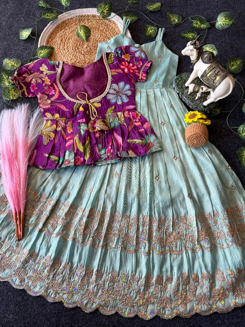 Evanik Designer Blue Tissue Silk Embroidered Work Gown With koti for Kids | Grocsy
