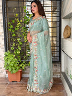 Evanik Leno Net Organza Embroidered Work Saree With Unstitched Blouse | Grocsy