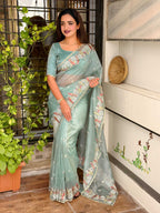 Evanik Leno Net Organza Embroidered Work Saree With Unstitched Blouse | Grocsy