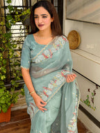 Evanik Leno Net Organza Embroidered Work Saree With Unstitched Blouse | Grocsy