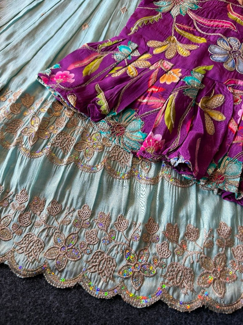 Evanik Designer Blue Tissue Silk Embroidered Work Gown With koti for Kids | Grocsy