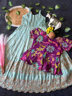 Evanik Designer Blue Tissue Silk Embroidered Work Gown With koti for Kids | Grocsy