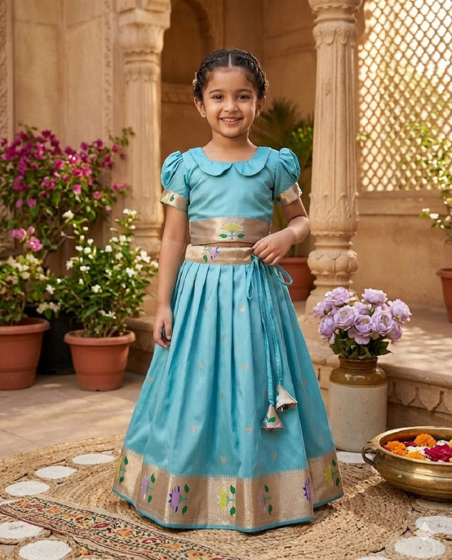 Evanik Blue Soft Silk Paithani Design Zari Weaving Pavadai Lehenga Choli For Kids | Grocsy