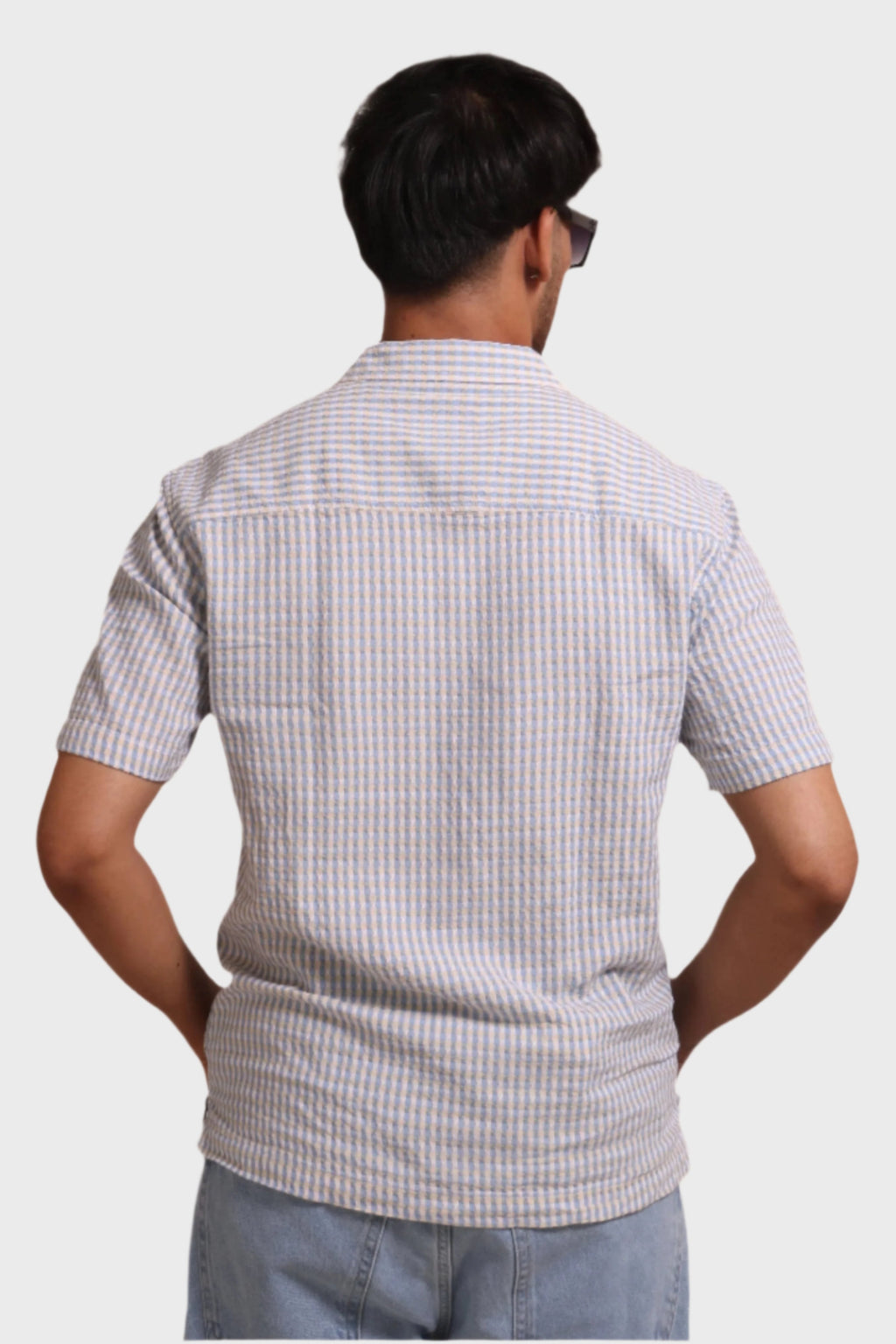 Jonesburg Men's Light Blue Textured Fine Checks Relaxed Fit | Grocsy