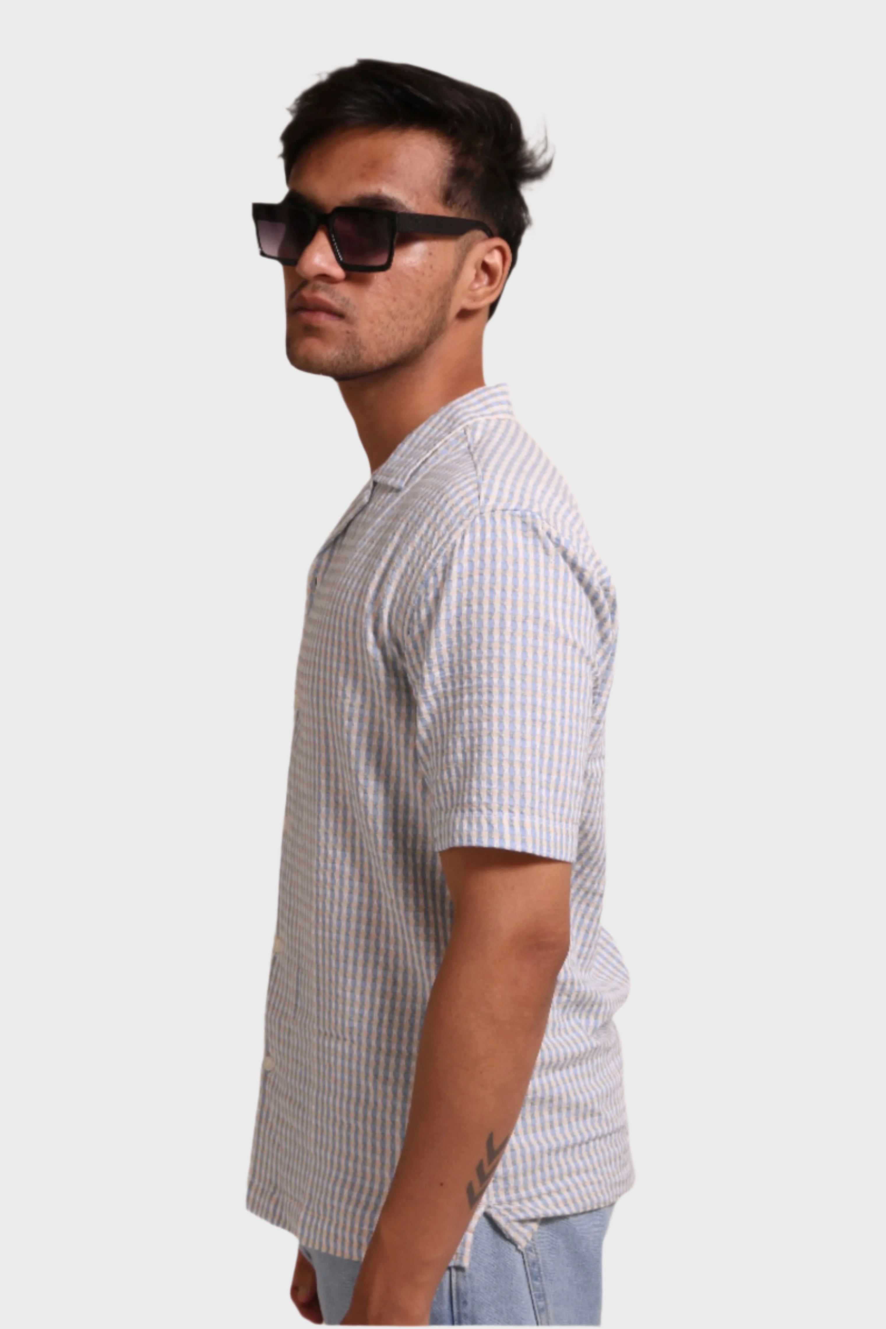 Jonesburg Men's Light Blue Textured Fine Checks Relaxed Fit | Grocsy