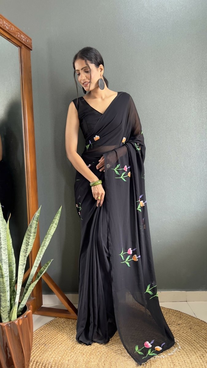 Aayaa Designer 1 min Hand Painted Ready to Wear saree - Black | Grocsy