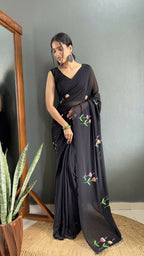 Aayaa Designer 1 min Hand Painted Ready to Wear saree - Black | Grocsy