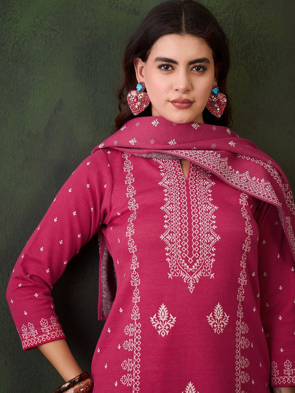Sangria Self-Designed Winter Kurta & Trousers With Dupatta | Grocsy