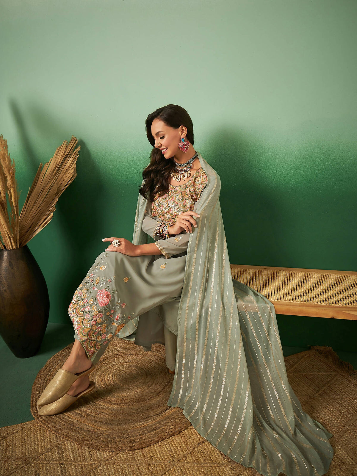 Light Green Georgette Handwork Unstitched Dress Material - Hanika | Grocsy