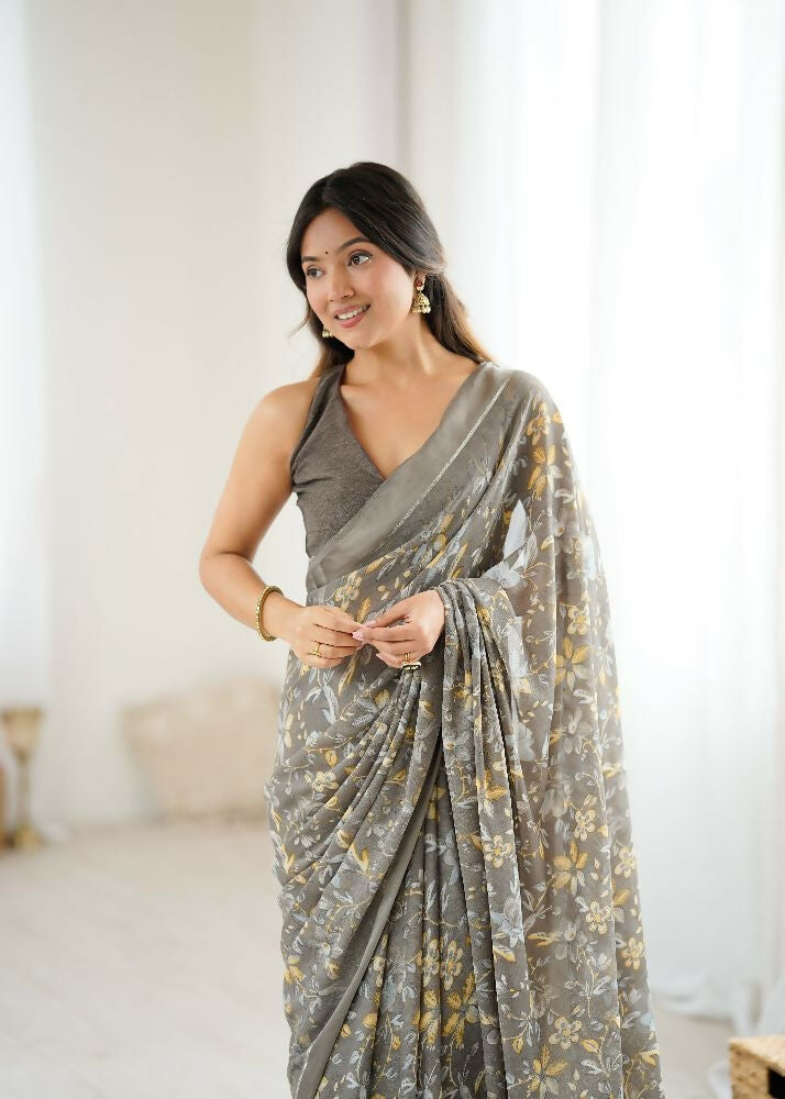 PR Fashion Grey Bright Moss Satin Patta Printed Saree | Grocsy