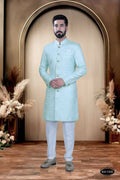 Joban Fashion Men's Green & White Cotton Silk Kurta with Pyjama | Grocsy